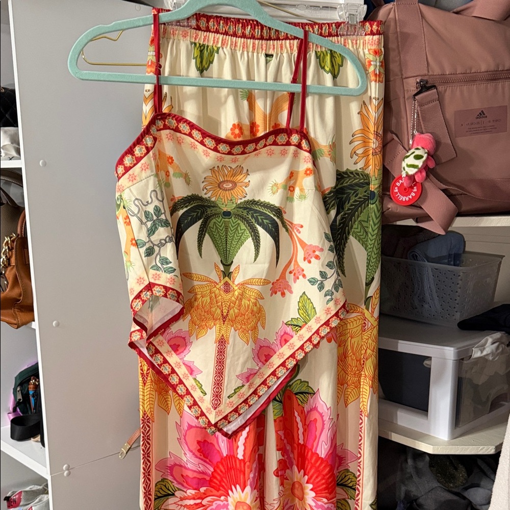 Floral Tropical Print strappy Handkerchief Top and Wide Leg Pants Set medium